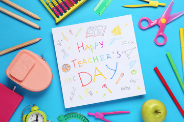 Sticker - Flat lay composition of card with inscription HAPPY TEACHER'S DAY and stationery on blue background