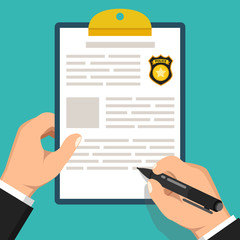 Wall Mural - Hand holding clipboard with completed form for police report. Traffic, parking fine, citation, crime report, problems with police, subpoena concepts. Flat vector illustration.