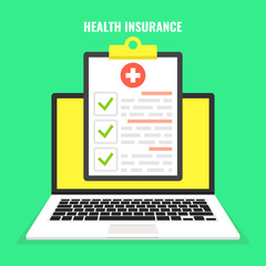 Wall Mural - health insurance concept. laptop with medical clipboard. vector illustration.