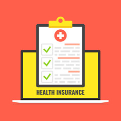 Wall Mural - health insurance concept. laptop with medical clipboard. vector illustration.