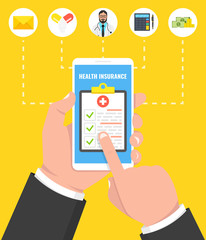 Wall Mural - health insurance concept. hand holding smartphone with medical clipboard. vector illustration.