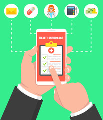 Wall Mural - health insurance concept. hand holding smartphone with medical clipboard. vector illustration.