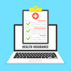 Wall Mural - health insurance concept. laptop with medical clipboard. vector illustration.