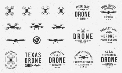 collection of drone logos, emblems, labels, badges. set of 9 logo templates and 10 design elements f