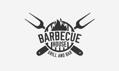 Wall Mural - Barbecue emblem template. BBQ logo, poster with grill forks. Trendy simple logo design. Vector illustration