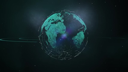 Wall Mural - Abstract connected dots wireless communication network over planet with ring on space background.