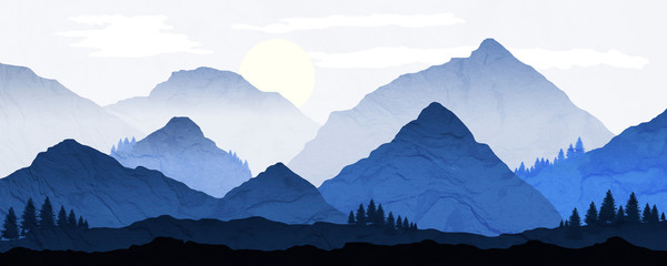 Mountain Landscape illustration with distant mist and fir trees, sun setting behind mountains. Processed in graduated blue tones, with background texture.