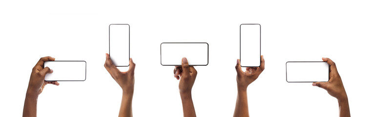 Set of black woman's hands holding smartphone with blank screen