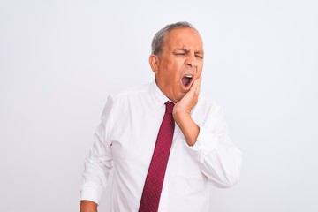 Wall Mural - Senior grey-haired businessman wearing elegant tie over isolated white background touching mouth with hand with painful expression because of toothache or dental illness on teeth. Dentist concept.