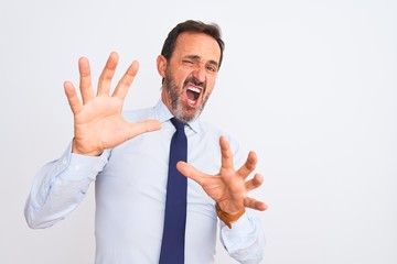 Poster - Middle age businessman wearing elegant tie standing over isolated white background afraid and terrified with fear expression stop gesture with hands, shouting in shock. Panic concept.