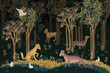 Medieval deep forest with different fantastic beasts. Illustration in flanders tapestries style
