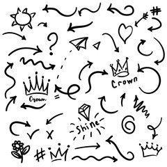 Poster - Isolated vector hand drawn arrows set. Vector crown logo. Hand drawn arrows graffiti sketch and signs collections. Arrows Black brush line isolated on white background