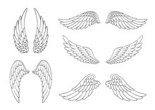 Set Of Hand Drawn Bird Or Angel Wings Of Different Shape In Open Position. Contoured Doodle Wings Set