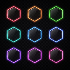 Wall Mural - modern neon hexagon frame set on transparent background. color web buttons with glare plastic plate.