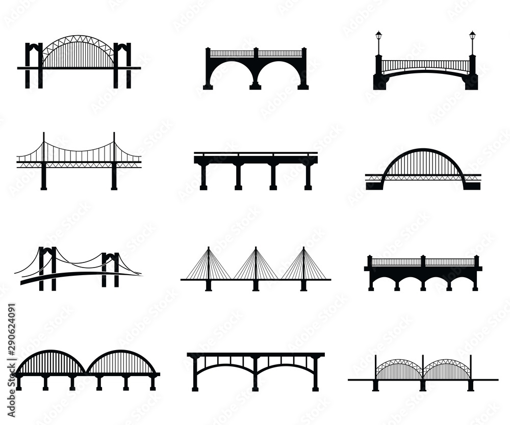 Vector set of bridge black silhouettes. isolated illustration on white ...