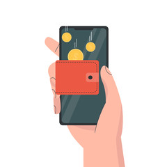 Wall Mural - hand with mobile phone and purse. online coins transferring money, income in wallet. flat vector ill