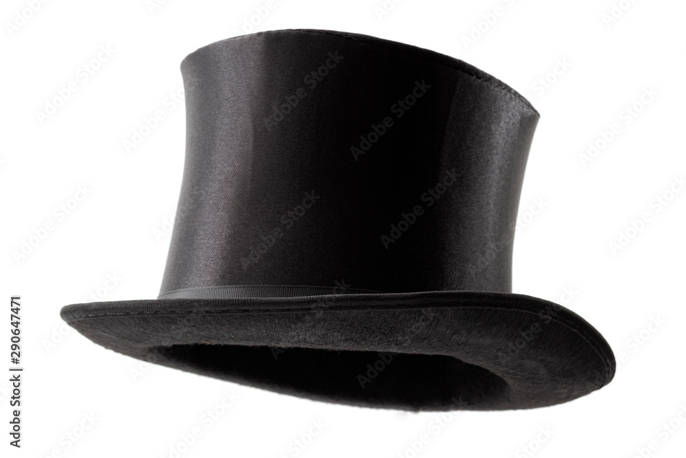 Stylish attire, vintage men fashion and magic show conceptual idea with 3/4 angle on victorian black top hat with clipping path cutout in ghost mannequin technique isolated on white background - obrazy, fototapety, plakaty 