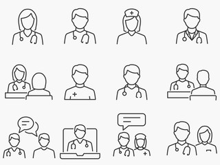 doctor and nurse line icons set. black vector illustration. editable stroke.