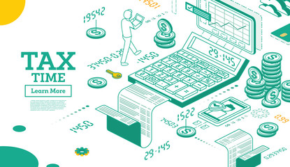Tax Concept in Isometric 3d Style. Cash Coin Money in Stacks and Calculator Isolated on White.
