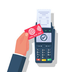 NFC concept. Landing page contactless payment. Non-cash payment transactions. Businessman is calculated by credit card. Pos terminal with keyboard. Financial transactions payment system. Vector design