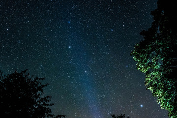 Wall Mural - Overhead milky way with stars in clear summer night. Old barn house. Country side.