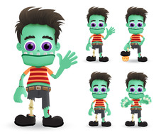 Zombie Halloween Vector Characters Set. Scary Zombie Halloween Monster Character Creature Standing And Waving With Pumpkin Lantern Element For Halloween Party. Vector Illustration.
