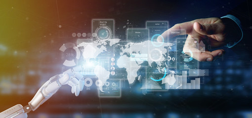 Wall Mural - cyborg hand holding user interface screens with icon, stats and data 3d rendering