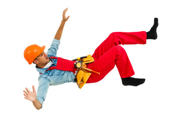 Worker with hard hat falling from ladder isolated