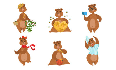 Wall Mural - Adorable Male and Female Bears Characters Set, Cute Humanized Forest Animal in Different Situations Vector Illustration