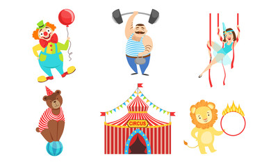 Wall Mural - Circus Performers Characters Set, Strongman, Air Gymnast, Clown, Circus Lion and Bear Vector Illustration