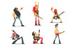 Rock Musicians Singing and Playing Guitar Set, Male Rockers Performing on Stage Vector Illustration