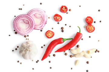 Different spices on white background