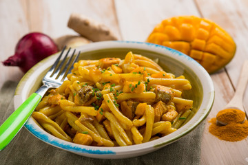 Canvas Print - fresh salmon pasta with mango turmerik grated ginger and chive