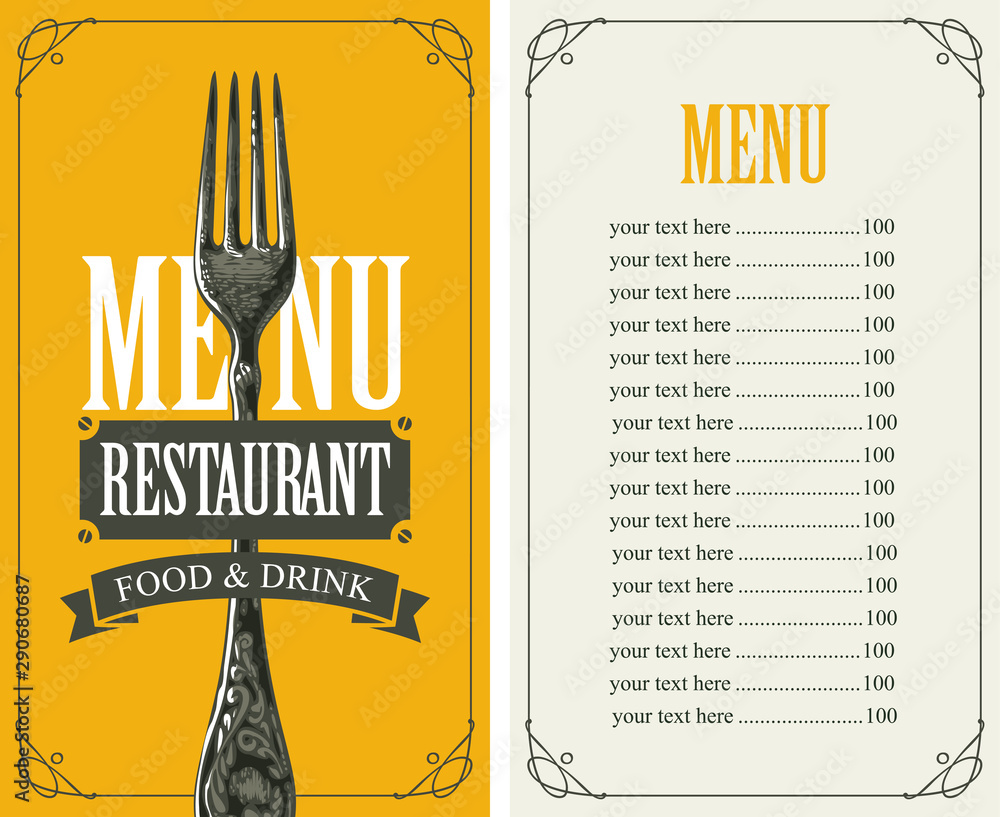 Vector template menu for restaurant with price list and realistic fork ...