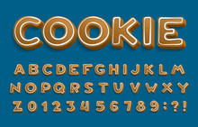 Holiday Ginger Cookie Alphabet Font. 3D Cartoon Letters And Numbers With Icing Sugar Covering. Xmas Vector Illustration For Your Design.