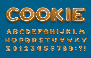 Wall Mural - Holiday Ginger Cookie alphabet font. 3D Cartoon letters and numbers with icing sugar covering. Xmas vector illustration for your design.