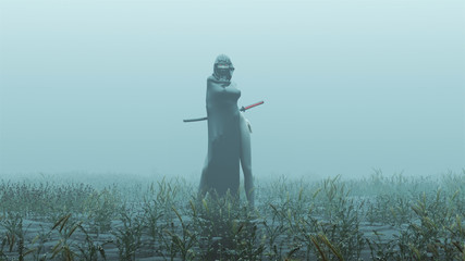 Futuristic Demon Nun In a High Split Dress and face Mask Abstract Demon Assassin with Samurai Sword Foggy Watery Void with Reeds and Grass background Front View 3d Illustration 3d render