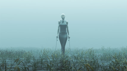 Sticker - Futuristic Demon Assassin in a Tight Dress  with a Weighted Chains and Gold Eyes Foggy Watery Void with Reeds and Grass background 3d Illustration 3d render