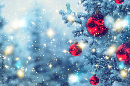 Cuadros en Lienzo Border winter nature christmas background, frozen spruce, glitter lights, bokeh, snow