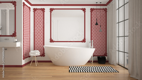 Modern White And Red Bathroom In Classic Room Wall Moldings Parquet Floor Bathtub With Carpet And Accessories Minimalist Sink And Decors Pendant Lamps Interior Design Concept Buy This Stock Illustration And
