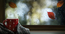 Autumn Season Background, Red Cup With Hot Drink And Wet Autumnal Window