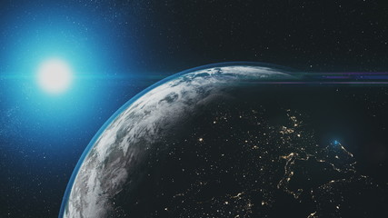 Wall Mural - epic earth rotate sunlight glow starry galaxy. interstellar asteroid deep outer space navigation tra