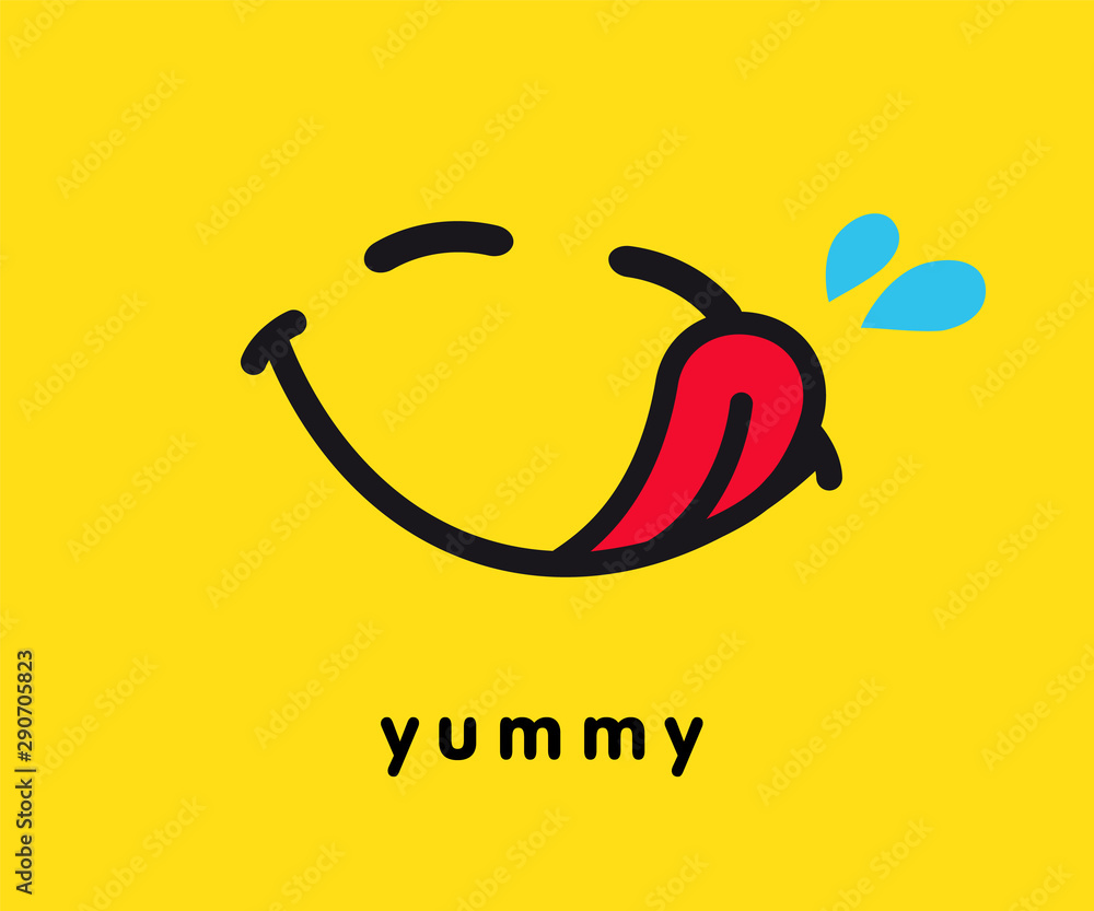 Tasty smile icon template design. Smiling yummy emoticon vector logo on yellow background. Hungry emoji in line art style illustration. World Smile Day, October 4th banner - obrazy, fototapety, plakaty 