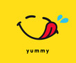 Tasty smile icon template design. Smiling yummy emoticon vector logo on yellow background. Hungry emoji in line art style illustration. World Smile Day, October 4th banner