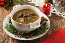 Traditional Mushroom Soup, Made From Porcini Mushrooms. Christmas Decoration.