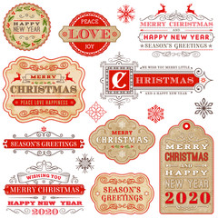 Wall Mural - christmas vector typography ornate labels and badges, happy new year and winter holidays wishes for 