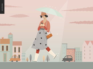 Wall Mural - Rain -walking girl -modern flat vector concept illustration of a young woman wearing rubber boots, hat and long skirt, with umbrella and phone, walking in the rain in the street, city houses and cars.