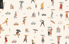 Rain -walking People Seamless Pattern -modern Flat Vector Concept Illustration Of People With Umbrella, Walking Or Standing In The Rain In The Street, City Houses And Cars.