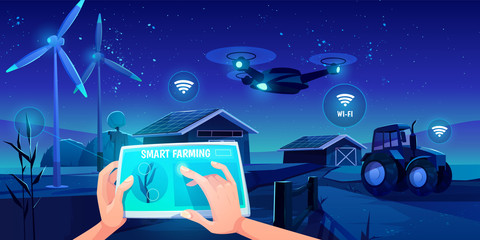 Smart farming, futuristic technologies in farm industry. Tablet with app for control plants growing at night time, drone, wind mills, solar panels automation and robotics. Cartoon vector illustration