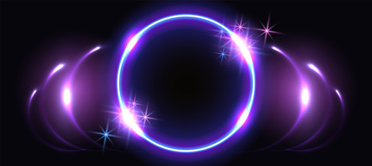 Wall Mural - Fantastic background with neon round frame, sparkle stars and space portal into another dimension